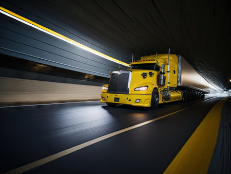 yellow Semi Truck at Speed in Tunnel motion. ai generative.の素材