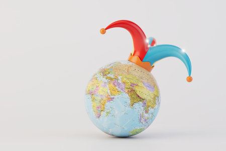 Planet of Jesters. Globe in a jester's hat on a white background. 3D rendering.の写真素材