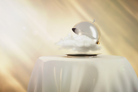 a cloud on a tray with a lid on the table. 3d rendering.の写真素材