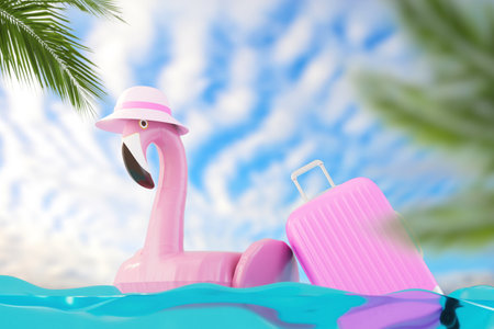 summer vacation concept. flamingo inflatable ring and suitcase floating on the water. 3d rendering.の写真素材