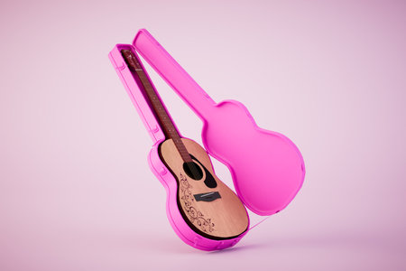 wooden guitar in pink case on hastel background. 3d rendering.の写真素材