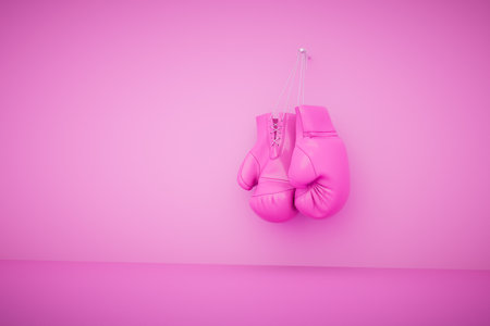 Hanging pink boxing gloves isolated on pastel background. 3d rendering.の写真素材