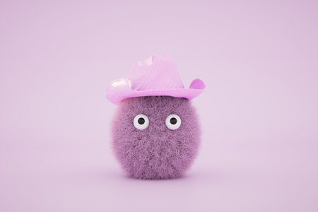Cute furry purple creature wearing a hat on a pastel background. 3D rendering.の写真素材