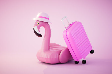 summer vacation concept. flamingo inflatable ring and suitcase on pastel background. 3d rendering.の写真素材