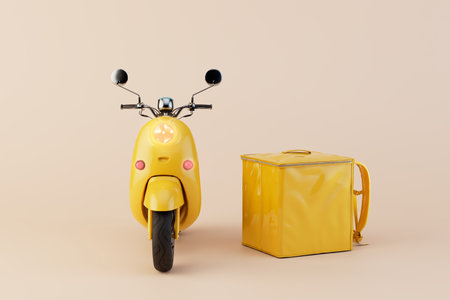 delivery of ready-made food. Moped and thermo bag for food delivery on a pastel background. 3D rendering.の写真素材