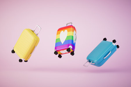 travel suitcases in yellow, blue and lgbt colors on a pastel background. 3d rendering.の写真素材