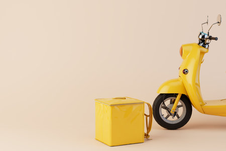 delivery of ready-made food. Moped and thermo bag for food delivery on a pastel background. 3D rendering.の写真素材