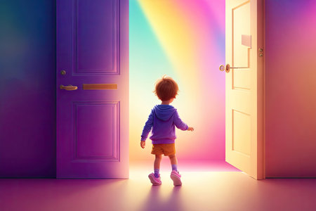 World of books concept. kid open door to fantasy pink clouds world.の素材