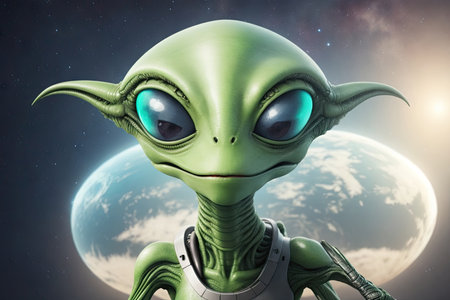 Portrait of a gray alien on the background of the cosmos. 3D illustrationの素材