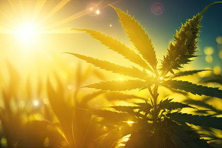 Marijuana Bud on Canopy Cannabis Plants with Flat Vintage Style sun set ai generativeの素材