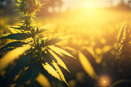 Marijuana Bud on Canopy Cannabis Plants with Flat Vintage Style sun set ai generative.の素材