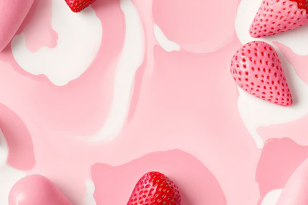 Vanilla and strawberry ice cream in white ice cream cone on pastel pink background. summer minimalism. ai generative.の素材