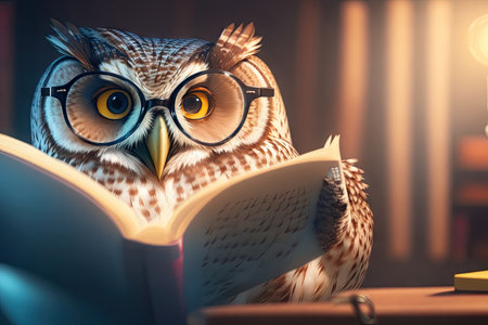 Owl reading a book, education concept ai generative.の素材