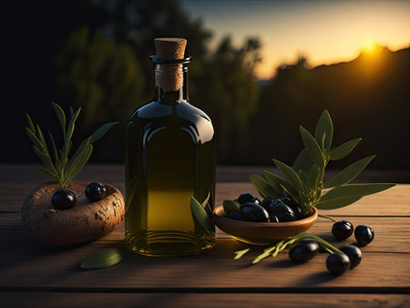 a bottle of olive oil with olives and leaves. ai generative.の素材