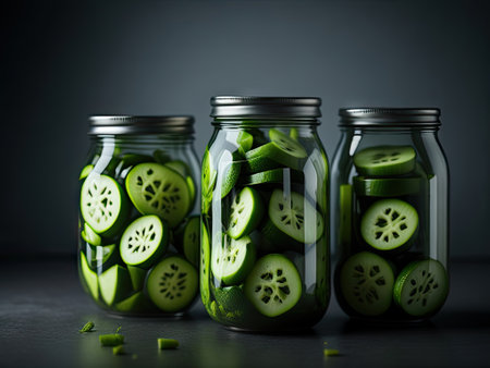 Canned vegetables cucumber in glass jars. ai generative.の素材