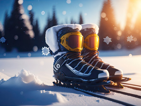 background snow sled hat gloves and skates. ai generative.の素材