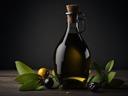 a bottle of olive oil with olives and leaves. ai generative.の素材