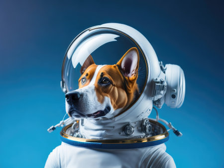 A dog astronaut costume and helmet on blue background. ai generative.の素材