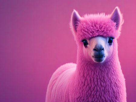 Cute colorful alpaca panoramic layout pink background. ai generative.の素材