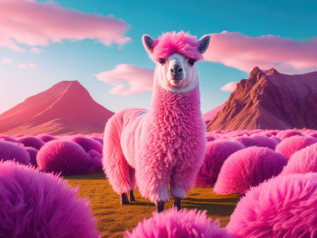 Cute pink alpaca on pink background. ai generative.の素材