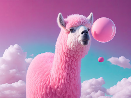 Cute alpaca with bubble gum sphere out on pastel background. ai generative.の素材