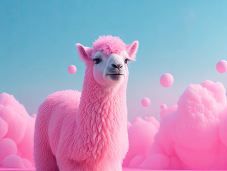 Cute alpaca with bubble gum sphere out on pastel background. ai generative.の素材