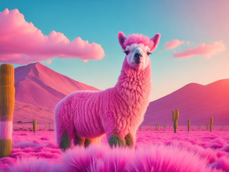Cute colorful alpaca panoramic layout pink background. ai generative.の素材