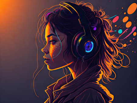 girl with headphones abstract colorful illustration. ai generative.の素材