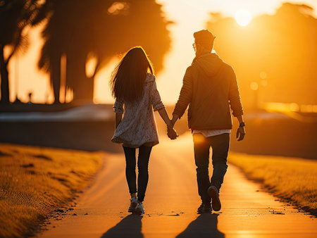 A couple holding hands and walking towards. ai generative.の素材