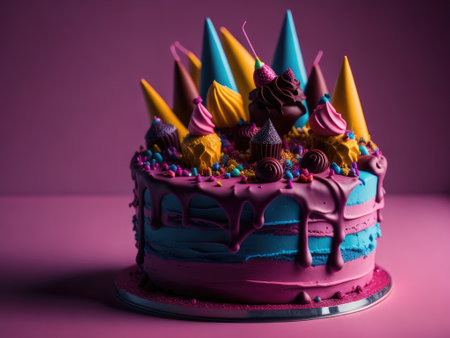 Birthday colorful cake decorated with sweet berries and candles on purple background. ai generative.の素材