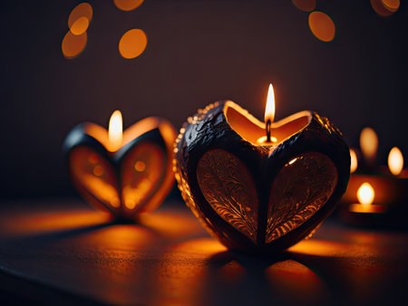 Heart candels shaped on a table. ai generative.の素材
