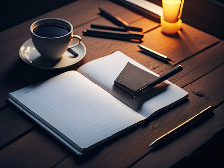 Open a blank notebook, pen and cup of coffee on wooden table. ai generative.の素材