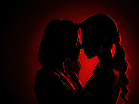 Silhouette of two people embracing on red background. ai generative.の素材