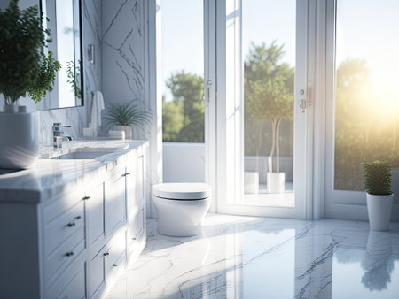 White bathroom interior Empty marble table. ai generative.の素材