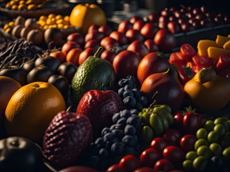 Various fresh fruits arranged at the market. ai generative.の素材