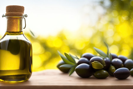 Olive oil and olive branch on the wooden table ai generative.の素材