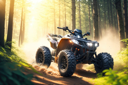 atv speeding through forest whipping ai generative.の素材