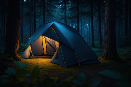 Glowing camping tent in the night mountain forest under a starry sky ai generative.の素材