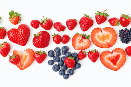 A strawberry and fruits with a heart inside. isolated on a white background ai generative.の素材