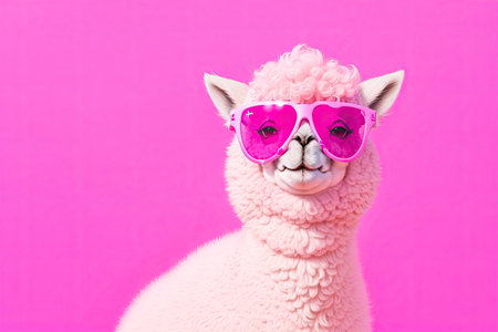Funny alpaca on pink background ai generative.の素材