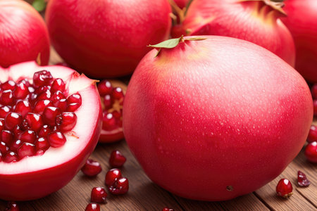 Red pomegranate fruit on pastel pink background. Minimal flat lay concept, ai generative.の素材