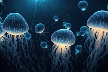 Jellyfish floating in the sea. glow light ai generative.の素材