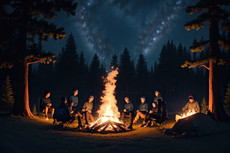 Group of people near camp fire with campfire in the nature at night, ai generative.の素材
