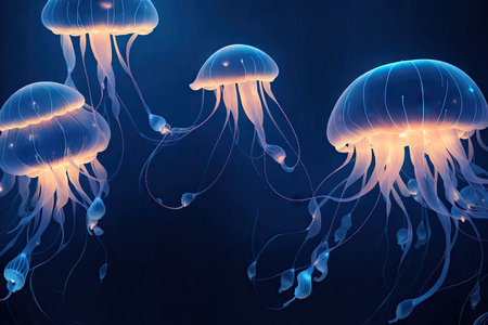 Jellyfish floating in the sea. glow light ai generative.の素材