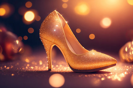 Shining golden high-heeled footwear shoe color background, ai generative.の素材