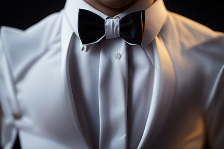 Close up of an elegant man in white shirt tightening up a dark emerald colored bow, ai generative.の素材