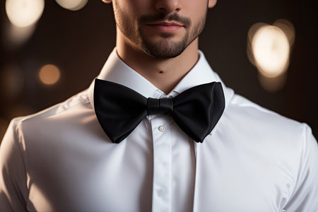 Close up of an elegant man in white shirt tightening up a dark emerald colored bow, ai generative.の素材