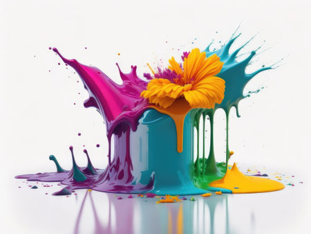 Colorful liquid rainbow paint splash with flowers on white background. ai generative.の素材