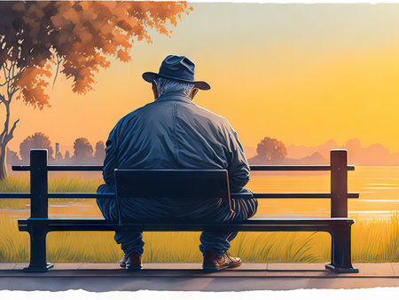 Retirement old man on bench back view water. ai generative.の素材