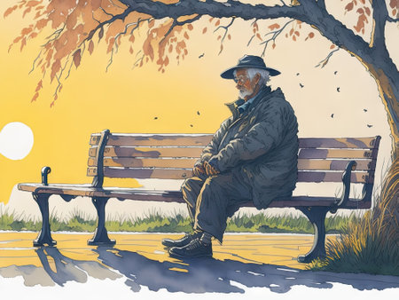 Retirement old man on bench back view water. ai generative.の素材